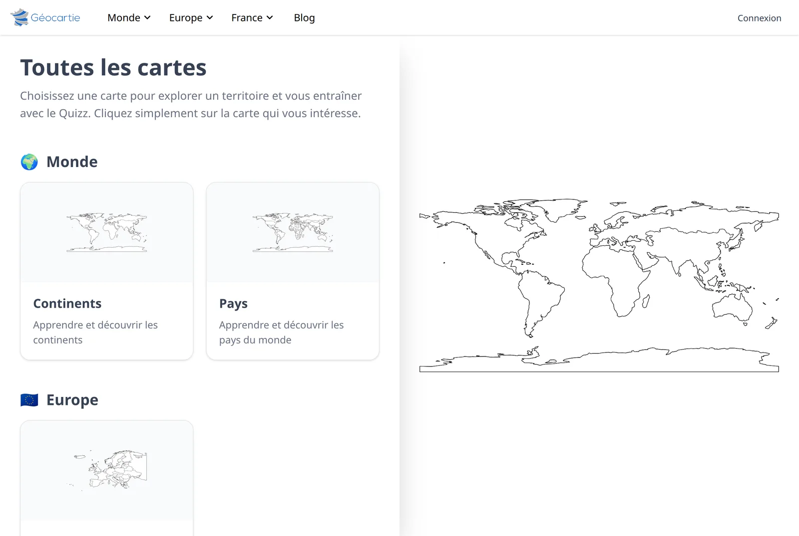 The Géocartie catalogue: maps sorted by continent then by country, with a large preview of the hovered map on the right.
