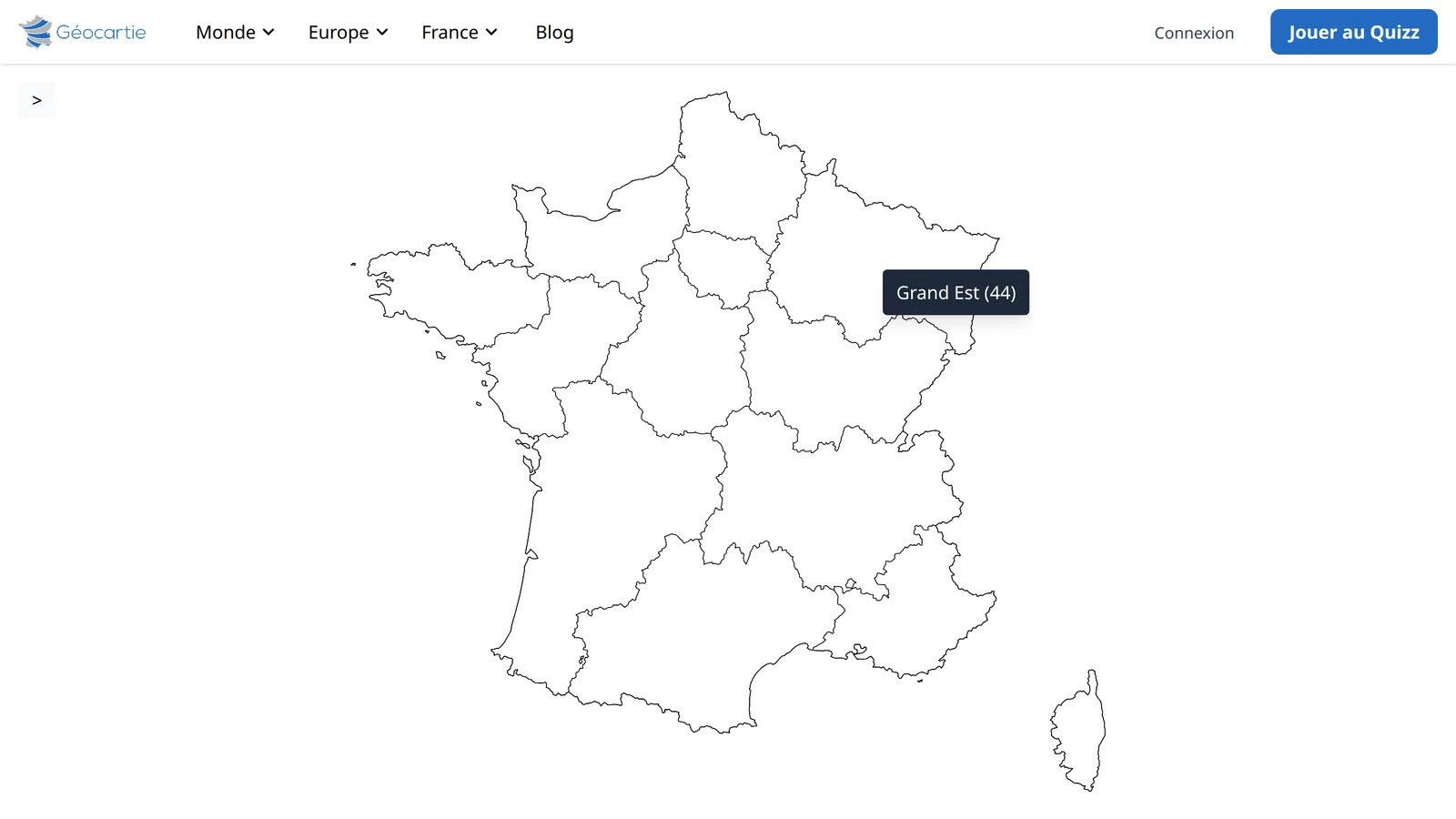 La carte des régions françaises en mode focus : une infobulle nomme la région Grand Est sous le curseur.
