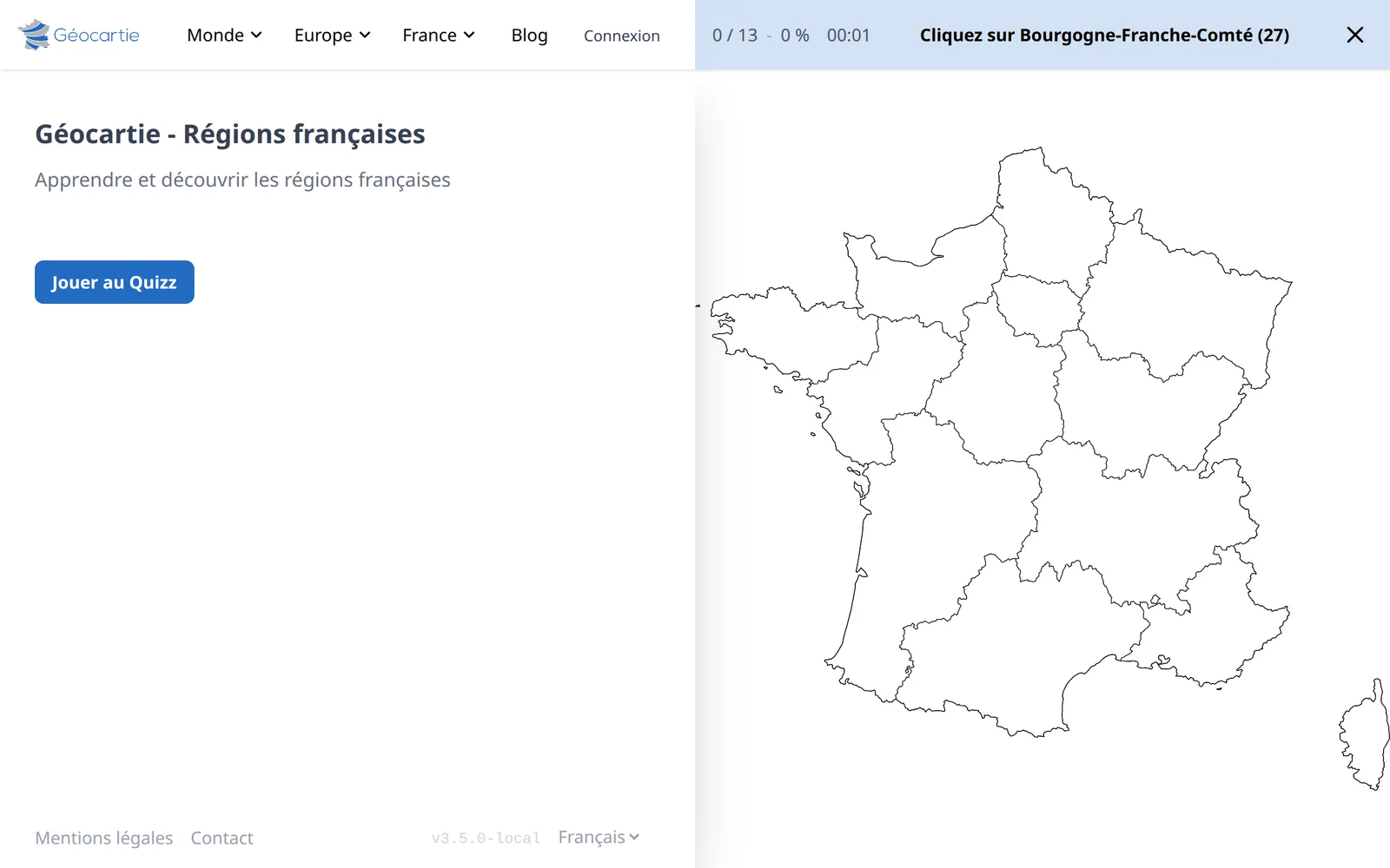 Une partie de quizz sur les régions françaises : la barre de score demande de cliquer sur la Bourgogne-Franche-Comté.